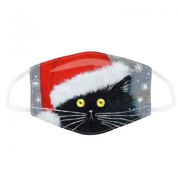 Mund-Nasen-Schutz-Stoffmaske groß Schwarze Katze mit Weihnachtsmütze